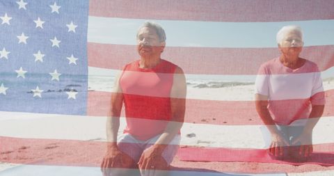 Senior Biracial Couple Meditating on Beach with USA Flag Overlay