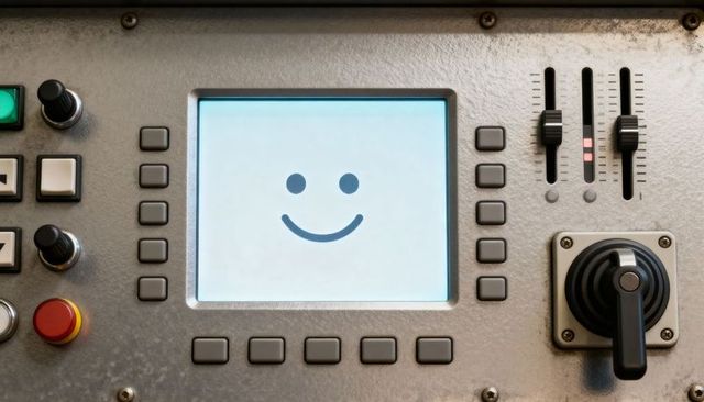 Industrial Control Panel Featuring Smiley Display, Emergency Stop Button, Joystick Knobs