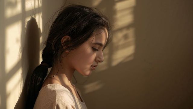 Young woman standing by sunlit window with blinds casting warm shadow bands