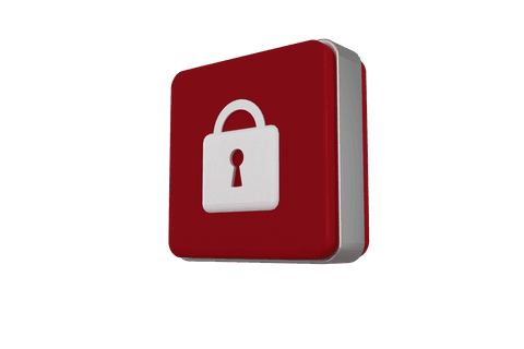 Red security cube with padlock symbol on transparent background
