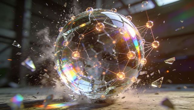 Shattering iridescent glass orb with glowing network nodes and rainbow refraction