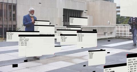 Man checking smartphone on urban rooftop plaza with floating glitch data overlays