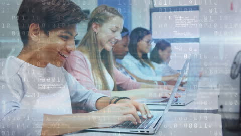 Group of Diverse Students Using Laptops with Data Overlay