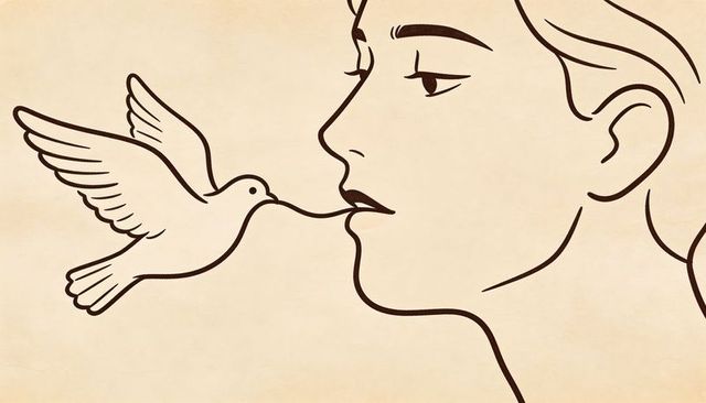 Minimalist line art of dove touching female lips on parchment texture evoking peace and freedom
