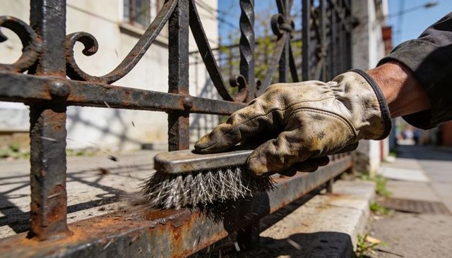 Gloved hand scrubbing rust from iron fence with wire brush on urban sidewalk