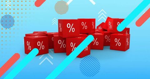 Colorful Shapes with Discount Percentage Cubes on Blue Background