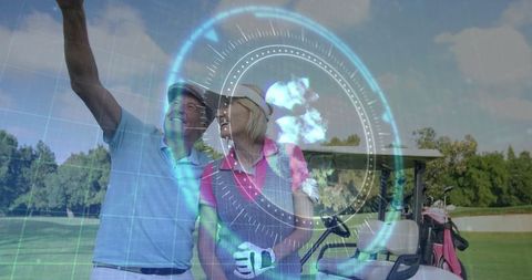Couple Enjoying Golf With Futuristic Augmented Reality Overlay