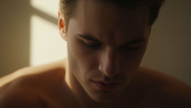 Contemplating Young Man Lowering Gaze in Dramatic Chiaroscuro Window Light