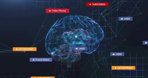Futuristic Digital Brain with Social Media Indicators