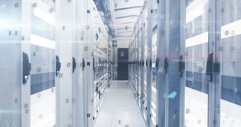 Futuristic data center corridor with transparent binary cloud
