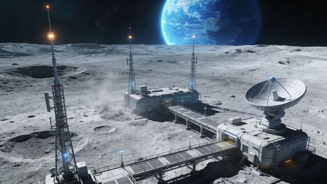 Futuristic lunar research outpost, satellite dish and communication towers under earthrise