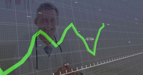 Doctor Standing Behind Transparent Medical Analytics Dashboard with Green Line Graph