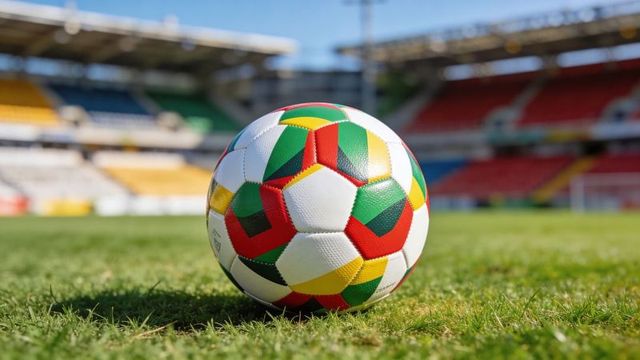 Multicolored soccer ball resting on sunlit grass pitch with blurred stadium seating