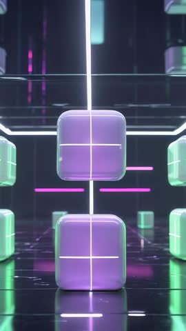Emerging stacked cubes shifting green to purple on reflective plane with neon beam