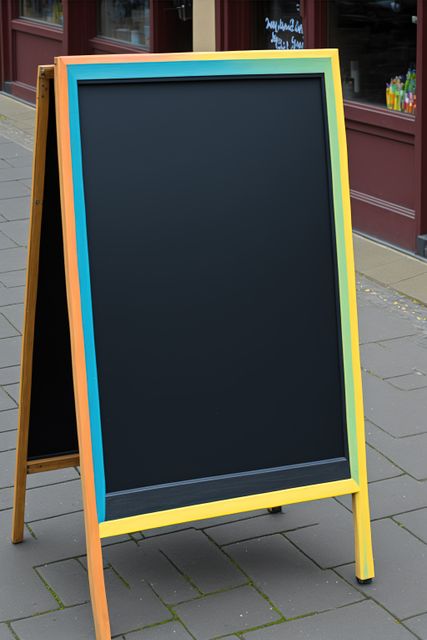 Multicolored framed blank chalkboard sign on sidewalk. Ideal for businesses wanting to showcase promotions, menus, or messages. Can be used by cafes, restaurants, shops, and local events to attract customers and add charm to street visuals.