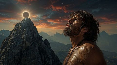 Caveman gazing at a ringed eclipse on mountain peak at dusk