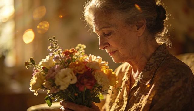Elderly woman smelling roses and carnations in golden sunlight, cozy intimate bokeh portrait