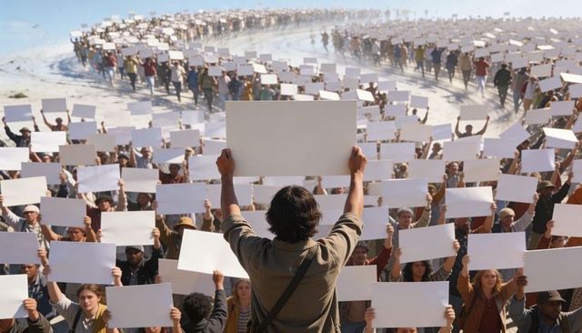 Leader holding blank sign overhead at coastal protest with thousands of diverse protesters