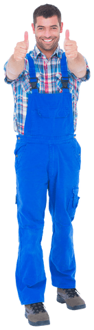 Cheerful Repairman in Blue Overalls Giving Thumbs Up Transparent