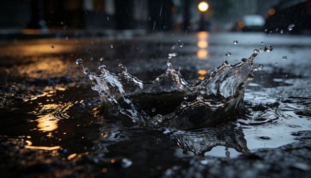 Crown-shaped rain splash forming in puddle on urban street at dusk with glowing reflections