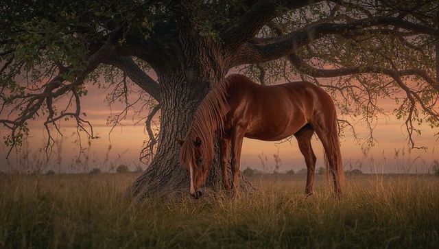 Tranquil Scene of Horse Grazing Under Tree at Sunset