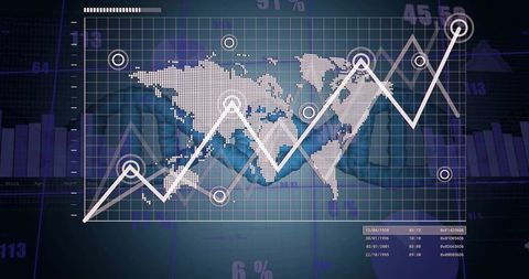 Displaying global market trend analytics with dotted world map and ascending zigzag chart