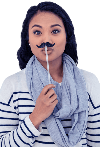Cheerful Woman Holding Fake Mustache on Transparent Background - Download Free Stock Videos Pikwizard.com