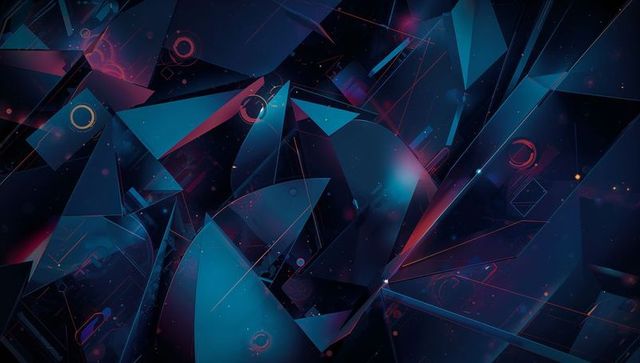 Glowing prismatic shards spinning in neon tech geometry with teal and magenta light