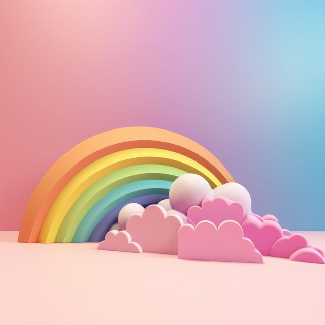 Colorful rainbow with pink clouds on colorful background created using generative ai technology. Rainbow and colours concept digitally generated image.