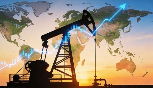 Silhouetting pumpjack and global oil market candlestick chart rising arrow over sunset world map