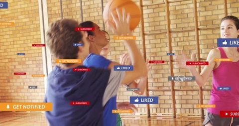 Teens playing basketball in gym with social media icons overlay