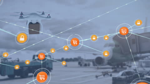 Delivery Drone Flying Over Airport With Network of Connections
