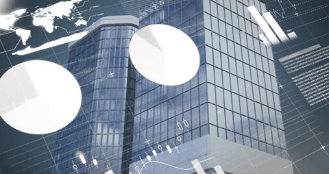 Abstract Financial Data Animation Overlaying Modern Cityscape