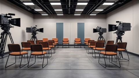 Empty studio with chairs and professional cameras
