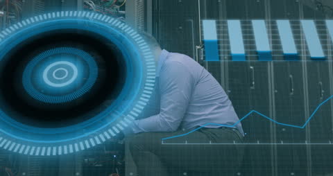 IT Technician Analyzing Data with Futuristic Interface Graphics