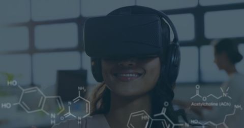 Woman Experiencing Virtual Reality with Molecular Model Overlay