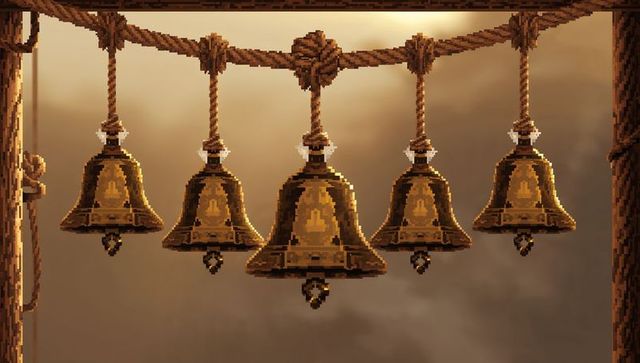 Pixel-art brass bells hanging on knotted rope at sunset, retro chimes and rustic metalwork