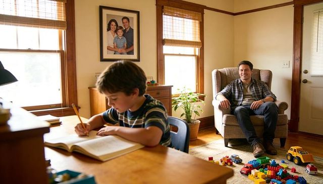 Boy doing homework at desk while father watching from armchair in warm sunlit family room