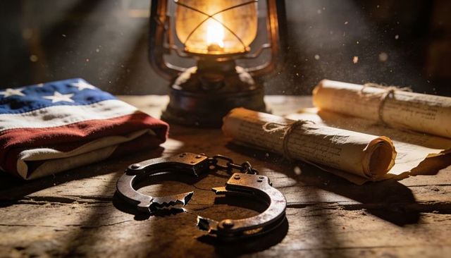 Lantern casting warm glow over rusted manacles, folded american flag and parchment scrolls
