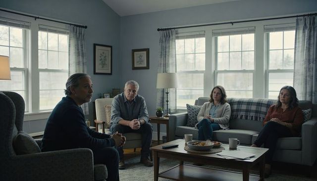 Family holding thoughtful conversation in cozy sunlit living room with fruit bowl on table