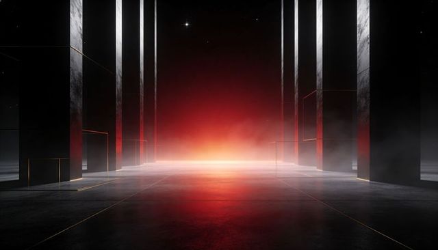 Radiating red-orange horizon leading down futuristic aisle of monolithic columns and polished floor