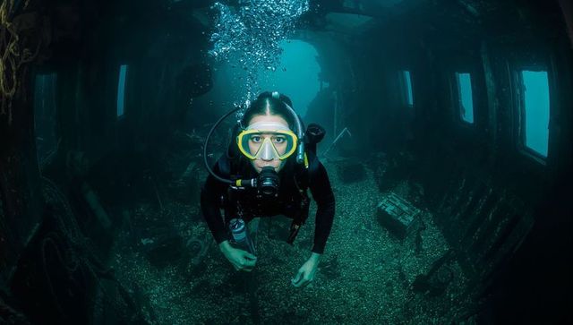 Female diver exploring sunken wreck with yellow mask and scuba gear, eerie underwater scene