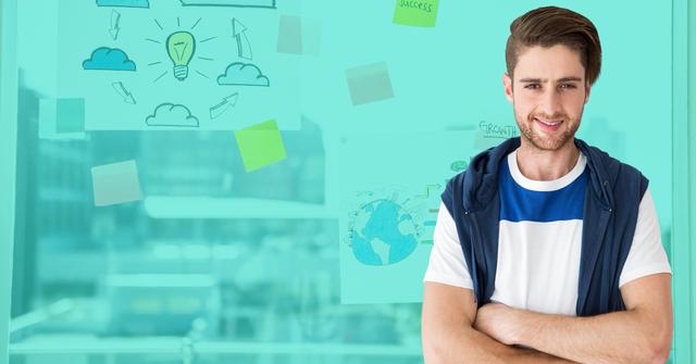 Young man standing confidently with arms crossed in front of a glass wall covered with sticky notes and creative drawings. Ideal for use in business and startup contexts, promoting innovation, brainstorming sessions, and entrepreneurial spirit.