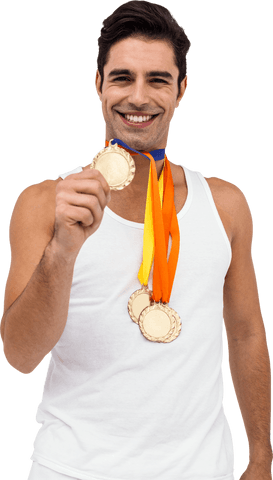 Athlete Wearing Olympic Gold Medals on Transparent Background