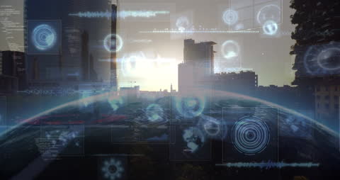 Futuristic Data Interfaces Overlay Urban Skyline