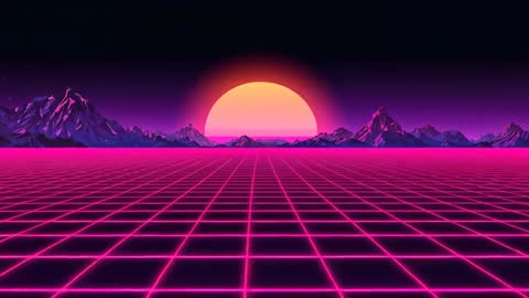 Looping neon sun pulsing over magenta grid plane with shimmering synthwave mountains