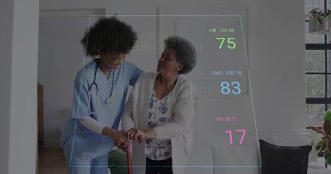 Home Healthcare Professional Assisting Elderly Woman with Digital Health Overlay