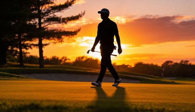 Silhouetted golfer walking across green at dramatic sunset, backlit golf course scene