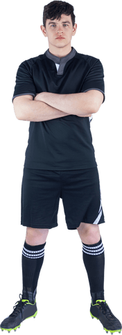 Transparent rugged rugby player crossing arms