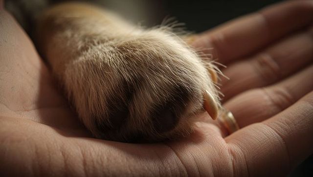 Dog paw resting in human palm showing trust and bond closeup macro warmth